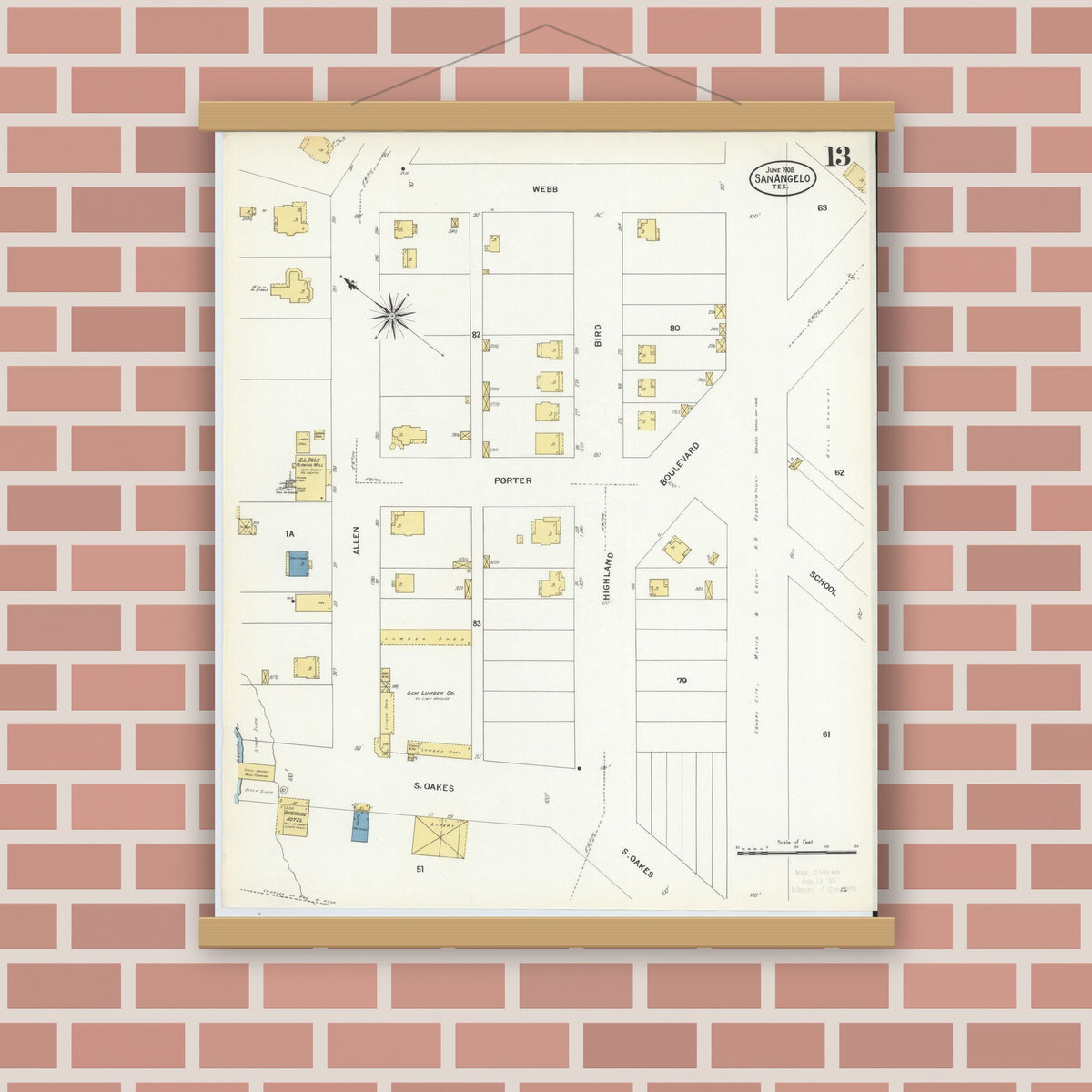 Old map wall art mockup — magnetic wood frame on brick wall — Sanborn Fire Insurance Map from San Angelo, Tom Green County, Texas (1908), Sheet #0013