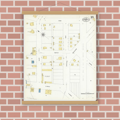 Old map wall art mockup — magnetic wood frame on brick wall — Sanborn Fire Insurance Map from San Angelo, Tom Green County, Texas (1908), Sheet #0013