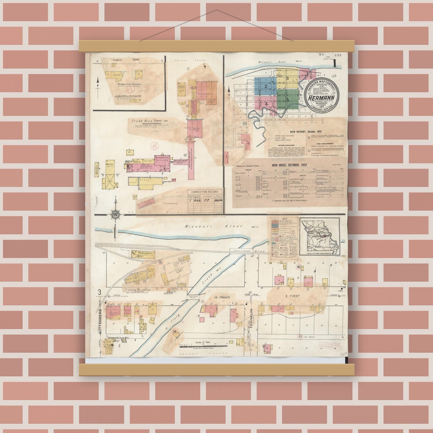 Old map wall art mockup — magnetic wood frame on brick wall — Sanborn Fire Insurance Map from Hermann, Gasconade County, Missouri (1932) - Complete Map Set