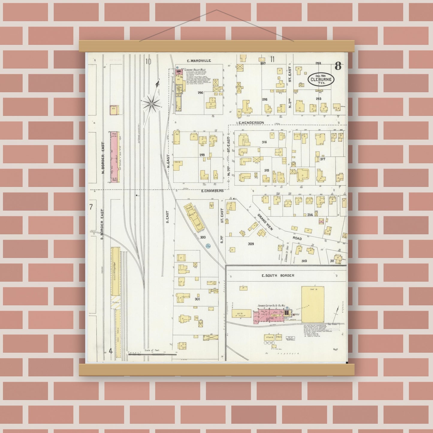 Old map wall art mockup — magnetic wood frame on brick wall — Sanborn Fire Insurance Map from Cleburne, Johnson County, Texas (1904), Sheet #0008