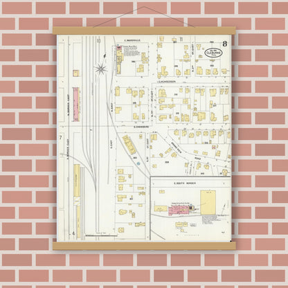 Old map wall art mockup — magnetic wood frame on brick wall — Sanborn Fire Insurance Map from Cleburne, Johnson County, Texas (1904), Sheet #0008