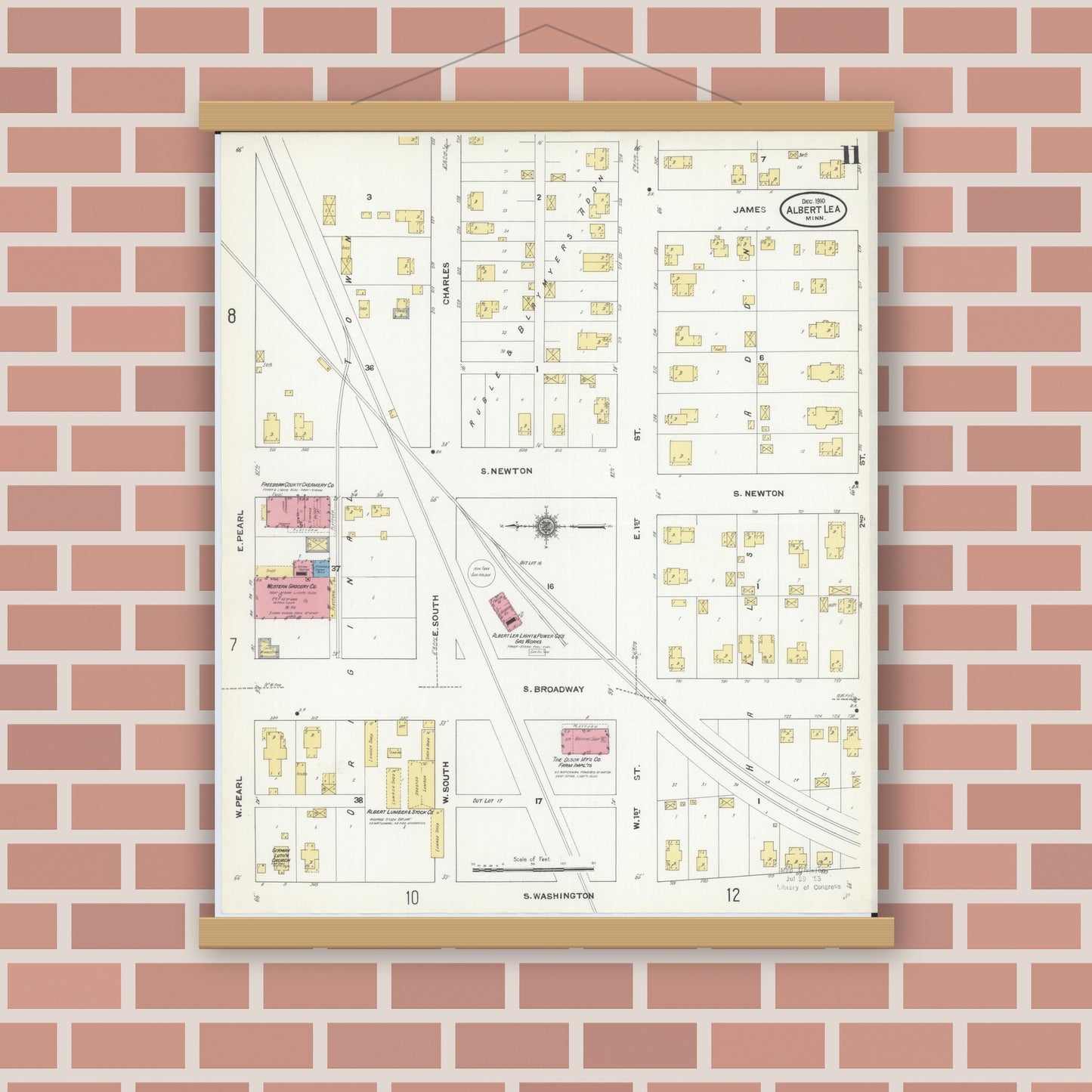 Old map wall art mockup — magnetic wood frame on brick wall — Sanborn Fire Insurance Map from Albert Lea, Freeborn County, Minnesota (1910), Sheet #0011