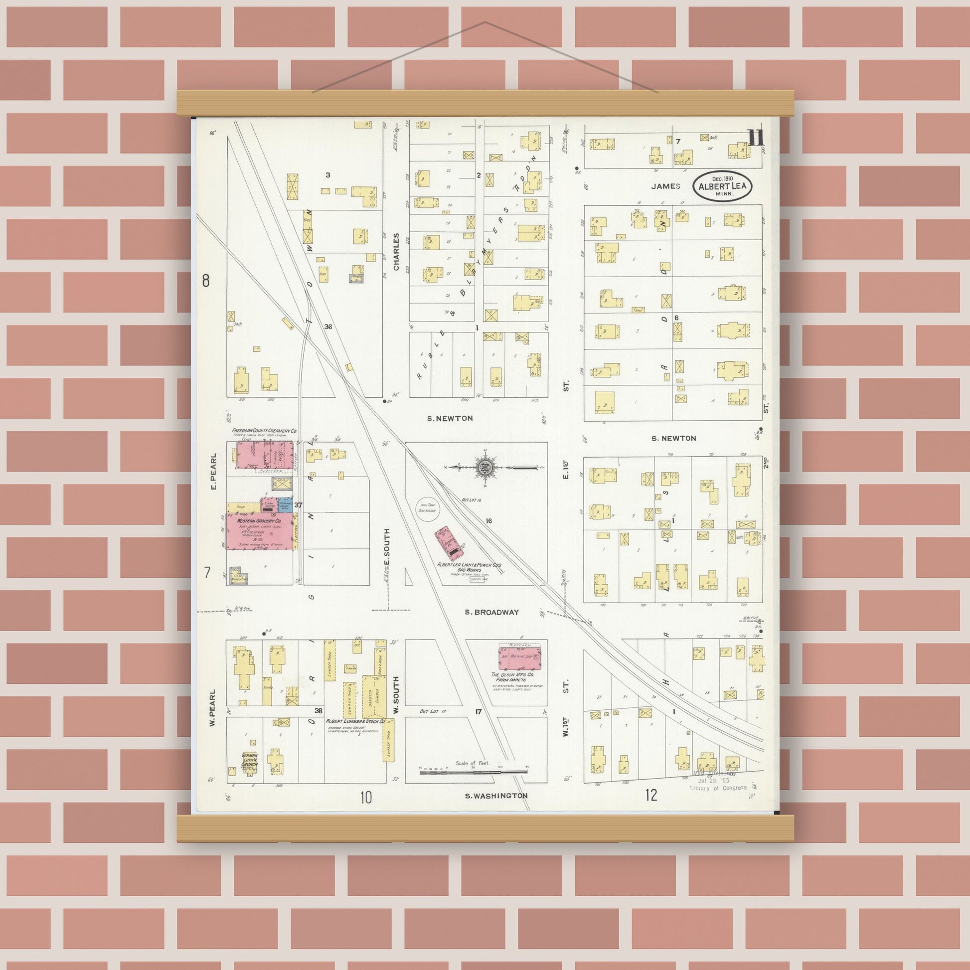Old map wall art mockup — magnetic wood frame on brick wall — Sanborn Fire Insurance Map from Albert Lea, Freeborn County, Minnesota (1910), Sheet #0011