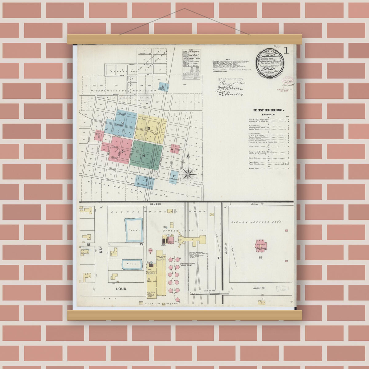 Old map wall art mockup — magnetic wood frame on brick wall — Sanborn Fire Insurance Map from Virden, Macoupin County, Illinois (1894) - Complete Map Set