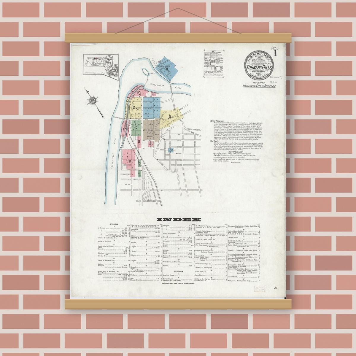 Old map wall art mockup — magnetic wood frame on brick wall — Sanborn Fire Insurance Map from Turners Falls, Franklin County, Massachusetts (1914) - Complete Map Set