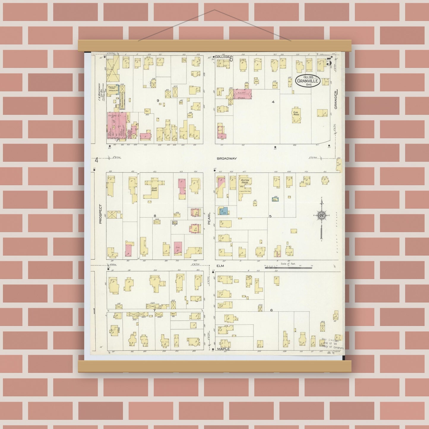 Old map wall art mockup — magnetic wood frame on brick wall — Sanborn Fire Insurance Map from Granville, Licking County, Ohio (1913), Sheet #0005