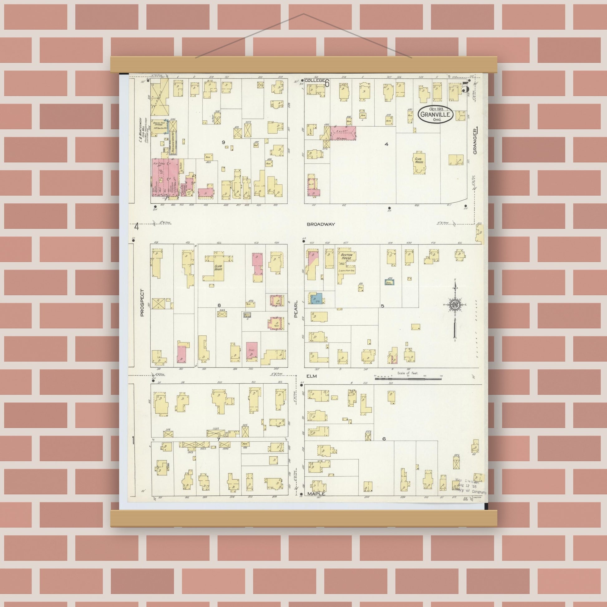 Old map wall art mockup — magnetic wood frame on brick wall — Sanborn Fire Insurance Map from Granville, Licking County, Ohio (1913), Sheet #0005