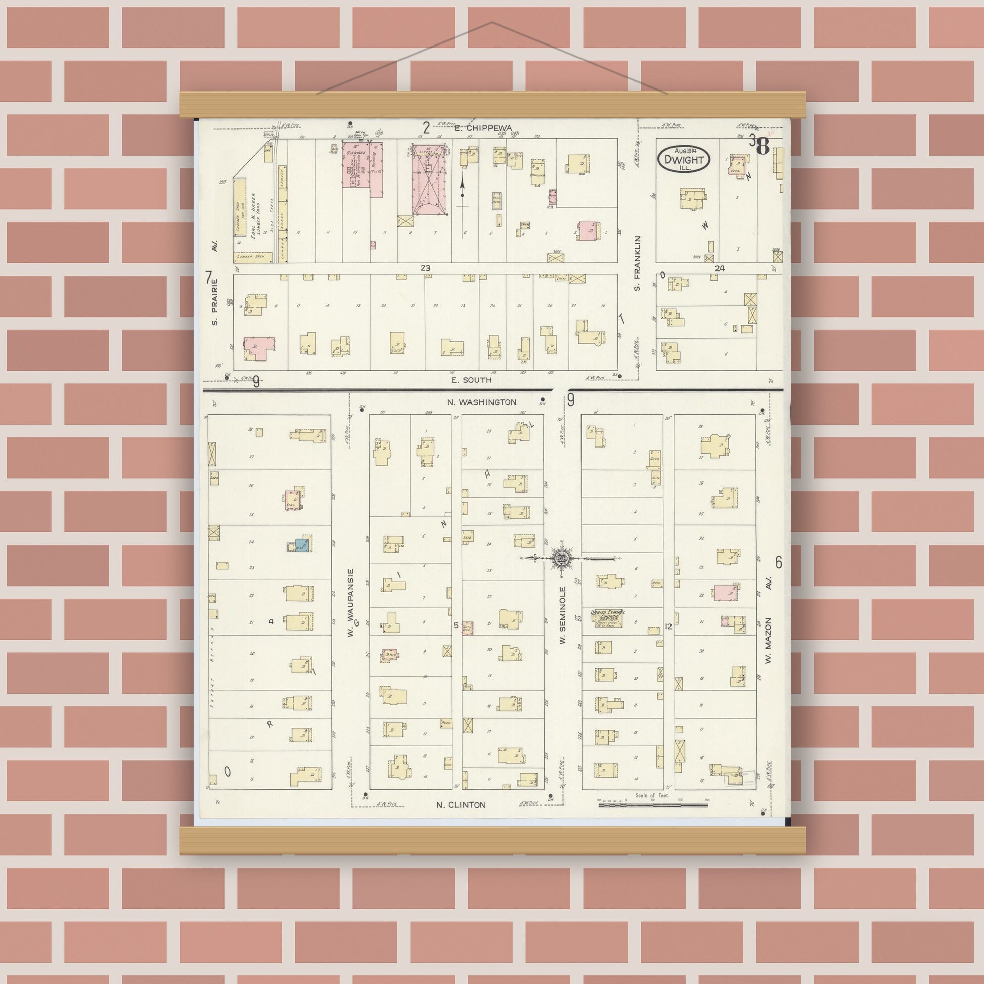 Old map wall art mockup — magnetic wood frame on brick wall — Sanborn Fire Insurance Map from Dwight, Livingston County, Illinois (1914), Sheet #0008