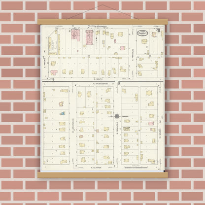 Old map wall art mockup — magnetic wood frame on brick wall — Sanborn Fire Insurance Map from Dwight, Livingston County, Illinois (1914), Sheet #0008