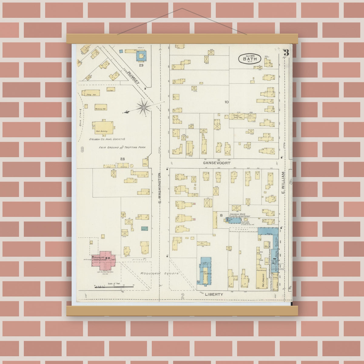 Old map wall art mockup — magnetic wood frame on brick wall — Sanborn Fire Insurance Map from Bath, Steuben County, New York (1893), Sheet #0003