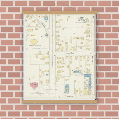 Old map wall art mockup — magnetic wood frame on brick wall — Sanborn Fire Insurance Map from Bath, Steuben County, New York (1893), Sheet #0003