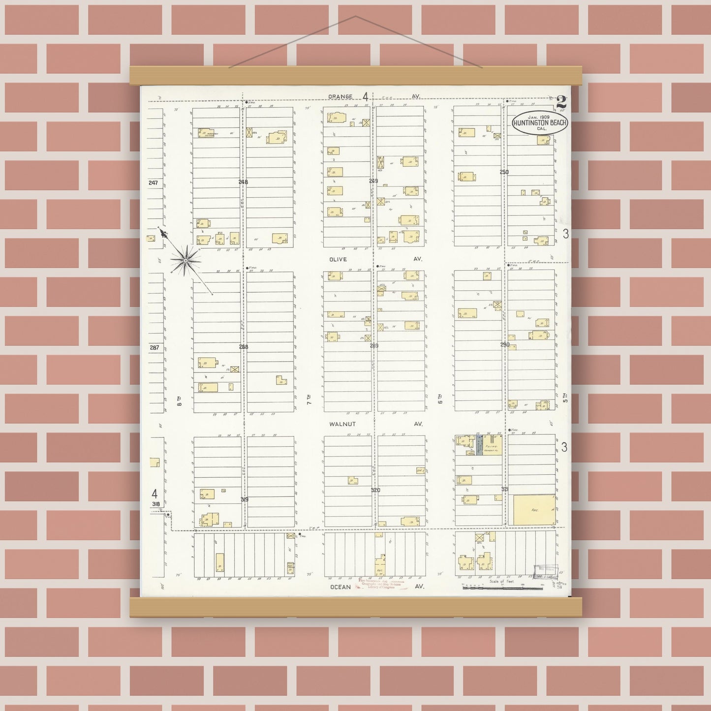 Old map wall art mockup — magnetic wood frame on brick wall — Sanborn Fire Insurance Map from Huntington Beach, Orange County, California (1909), Sheet #0002
