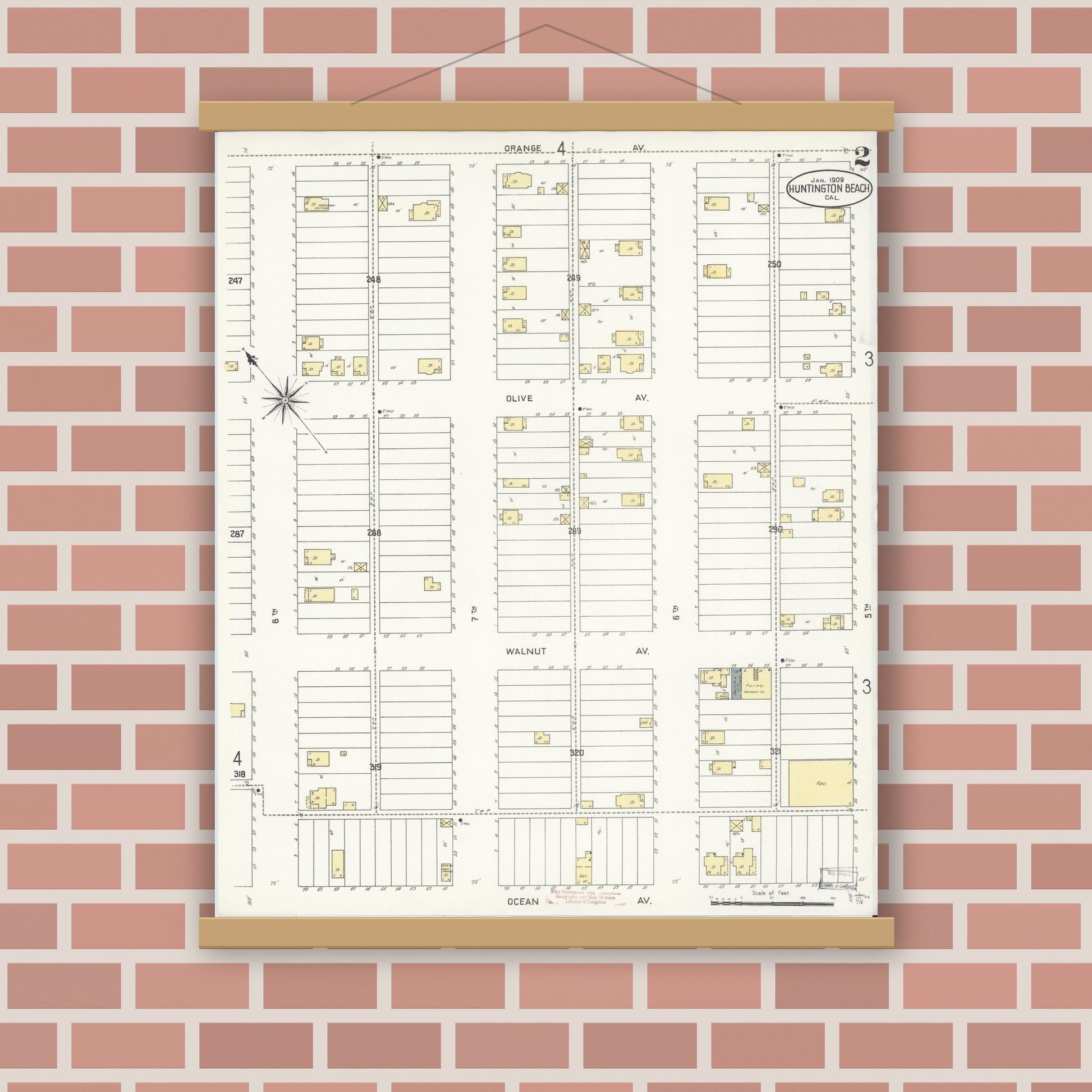 Old map wall art mockup — magnetic wood frame on brick wall — Sanborn Fire Insurance Map from Huntington Beach, Orange County, California (1909), Sheet #0002
