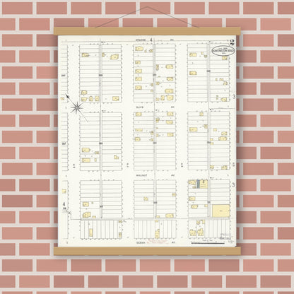 Old map wall art mockup — magnetic wood frame on brick wall — Sanborn Fire Insurance Map from Huntington Beach, Orange County, California (1909), Sheet #0002