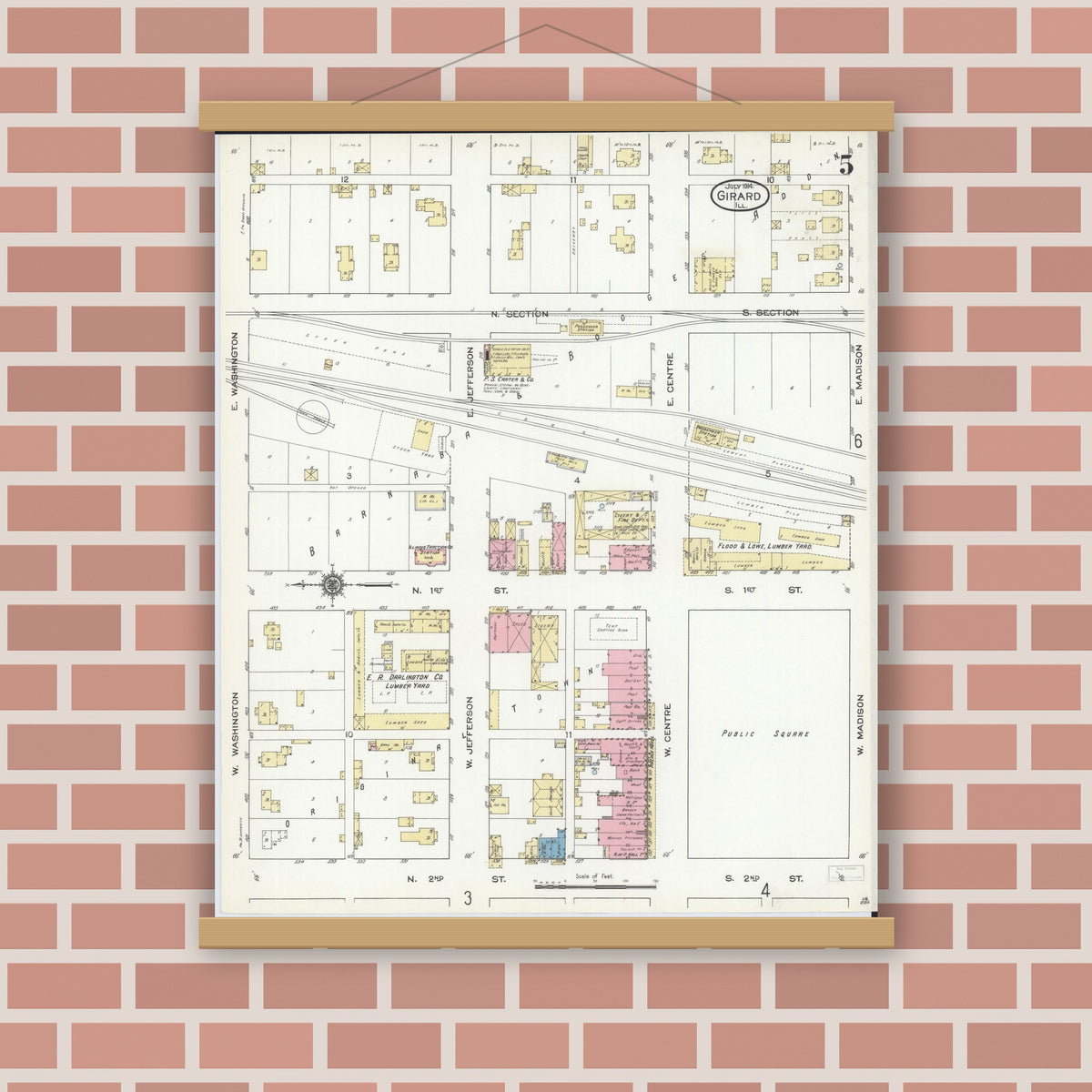 Old map wall art mockup — magnetic wood frame on brick wall — Sanborn Fire Insurance Map from Girard, Macoupin County, Illinois (1914), Sheet #0005
