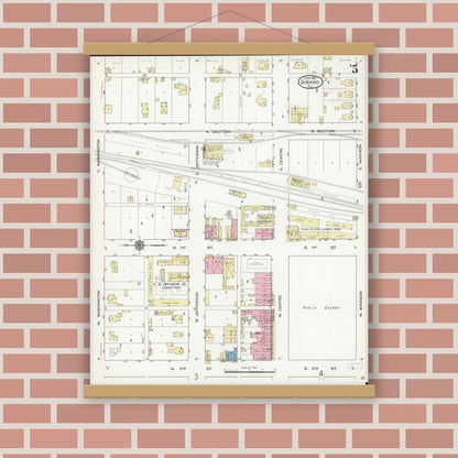 Old map wall art mockup — magnetic wood frame on brick wall — Sanborn Fire Insurance Map from Girard, Macoupin County, Illinois (1914), Sheet #0005