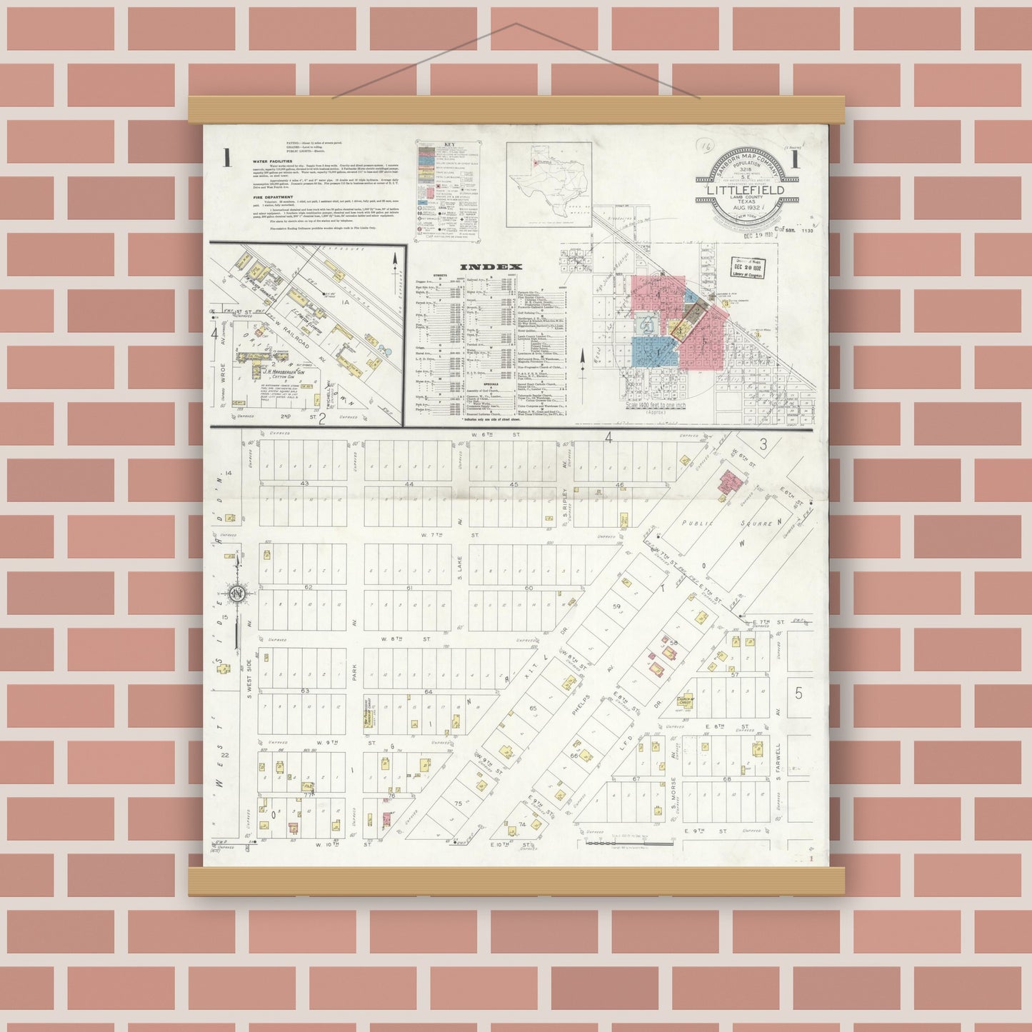 Old map wall art mockup — magnetic wood frame on brick wall — Sanborn Fire Insurance Map from Littlefield, Lamb County, Texas (1932), Sheet #0001