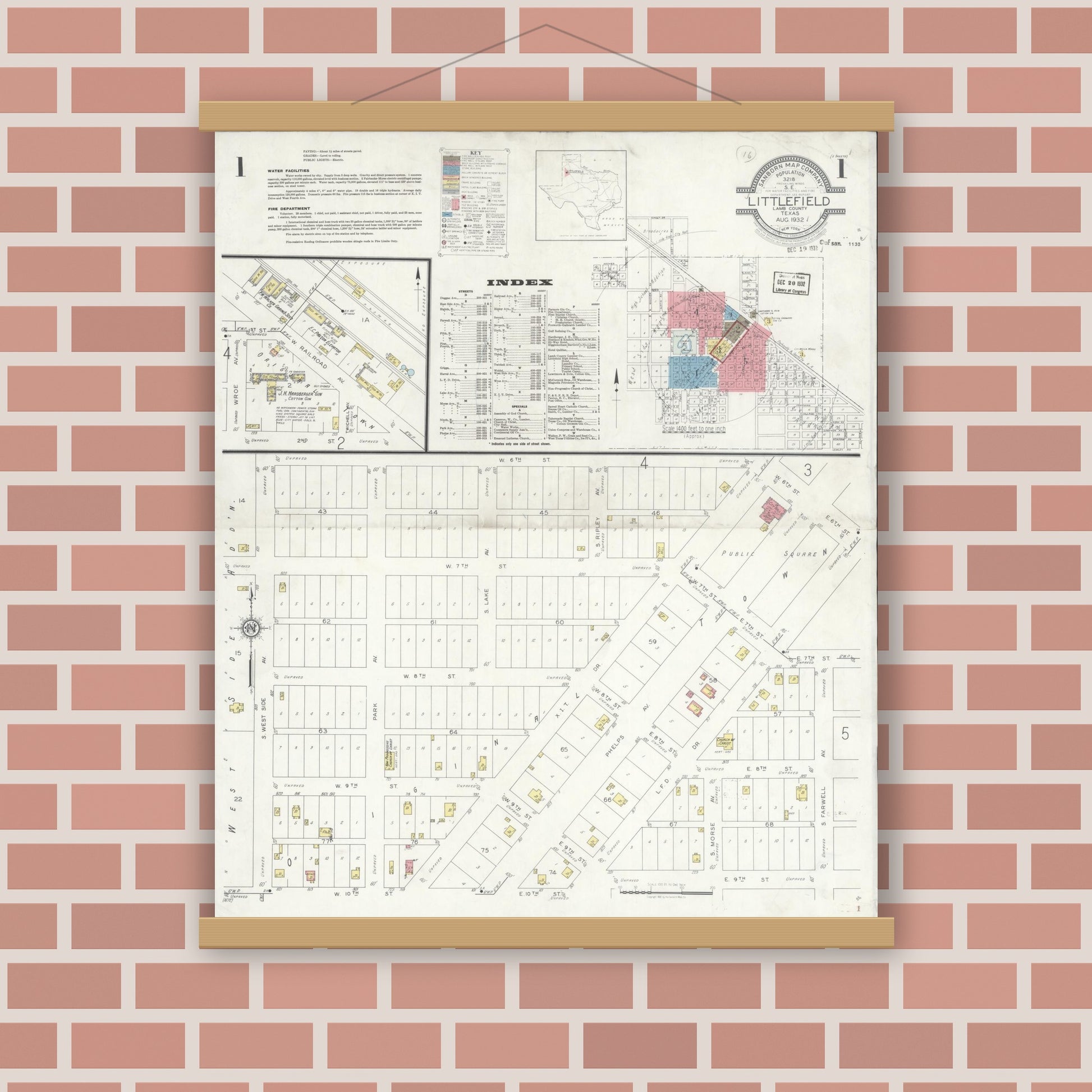 Old map wall art mockup — magnetic wood frame on brick wall — Sanborn Fire Insurance Map from Littlefield, Lamb County, Texas (1932), Sheet #0001