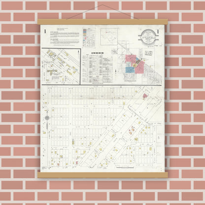 Old map wall art mockup — magnetic wood frame on brick wall — Sanborn Fire Insurance Map from Littlefield, Lamb County, Texas (1932), Sheet #0001