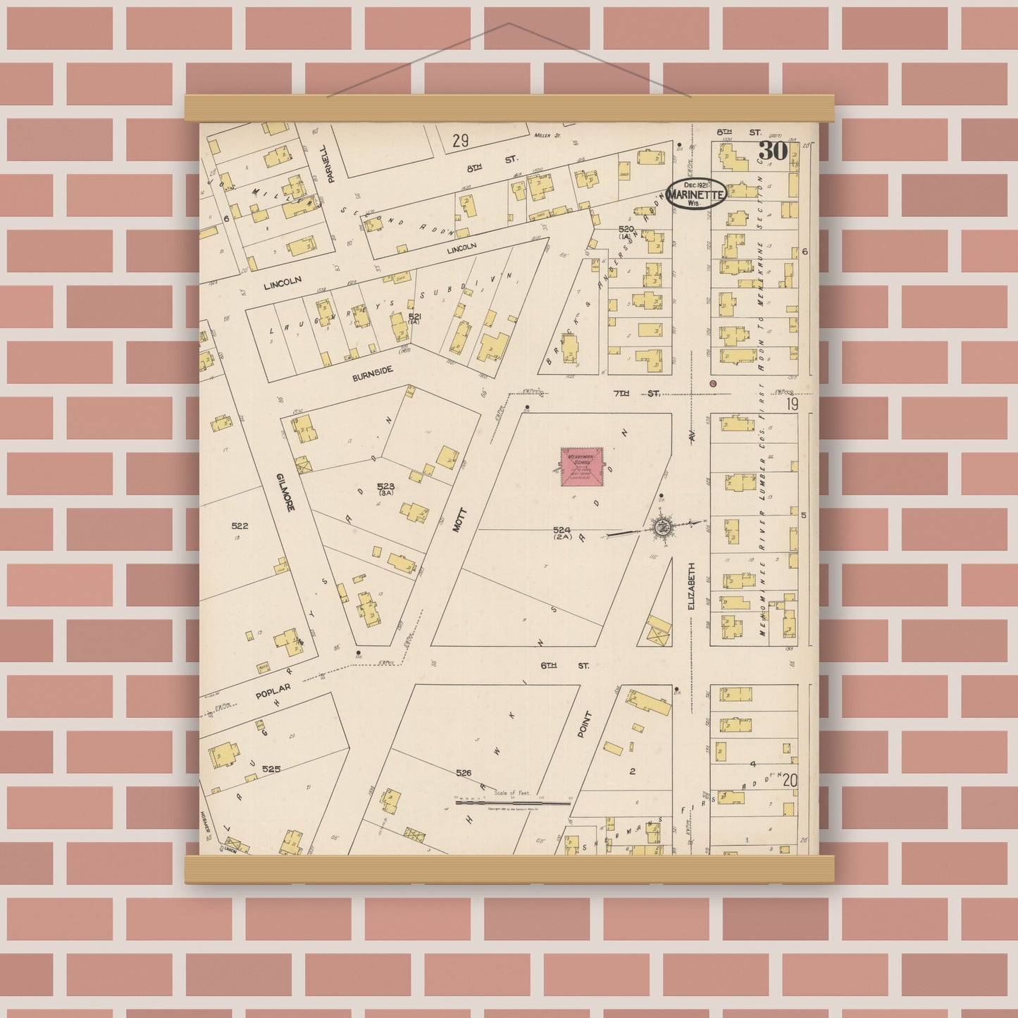 Old map wall art mockup — magnetic wood frame on brick wall — Sanborn Fire Insurance Map from Marinette, Marinette County, Wisconsin (1921), Sheet #0030