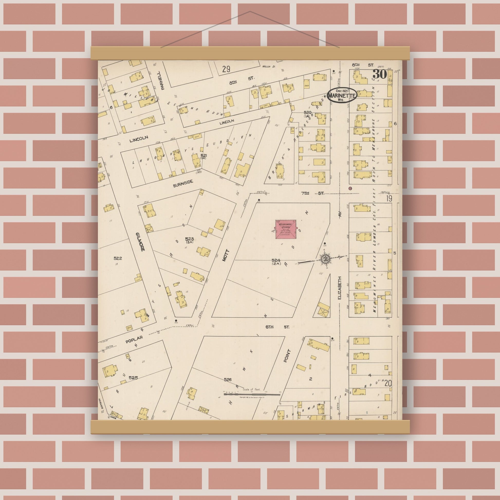Old map wall art mockup — magnetic wood frame on brick wall — Sanborn Fire Insurance Map from Marinette, Marinette County, Wisconsin (1921), Sheet #0030