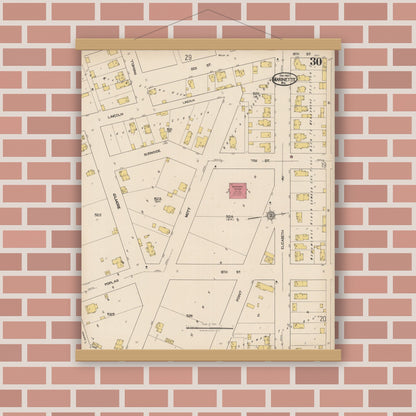 Old map wall art mockup — magnetic wood frame on brick wall — Sanborn Fire Insurance Map from Marinette, Marinette County, Wisconsin (1921), Sheet #0030