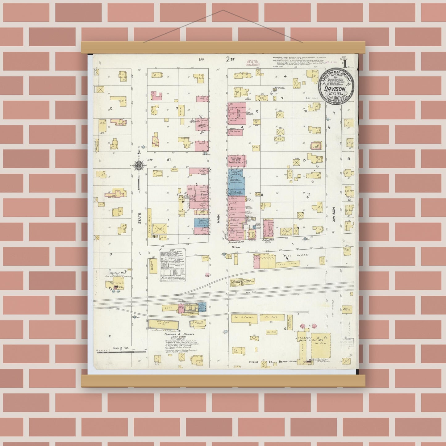 Old map wall art mockup — magnetic wood frame on brick wall — Sanborn Fire Insurance Map from Davison, Genesee County, Michigan (1910) - Complete Map Set