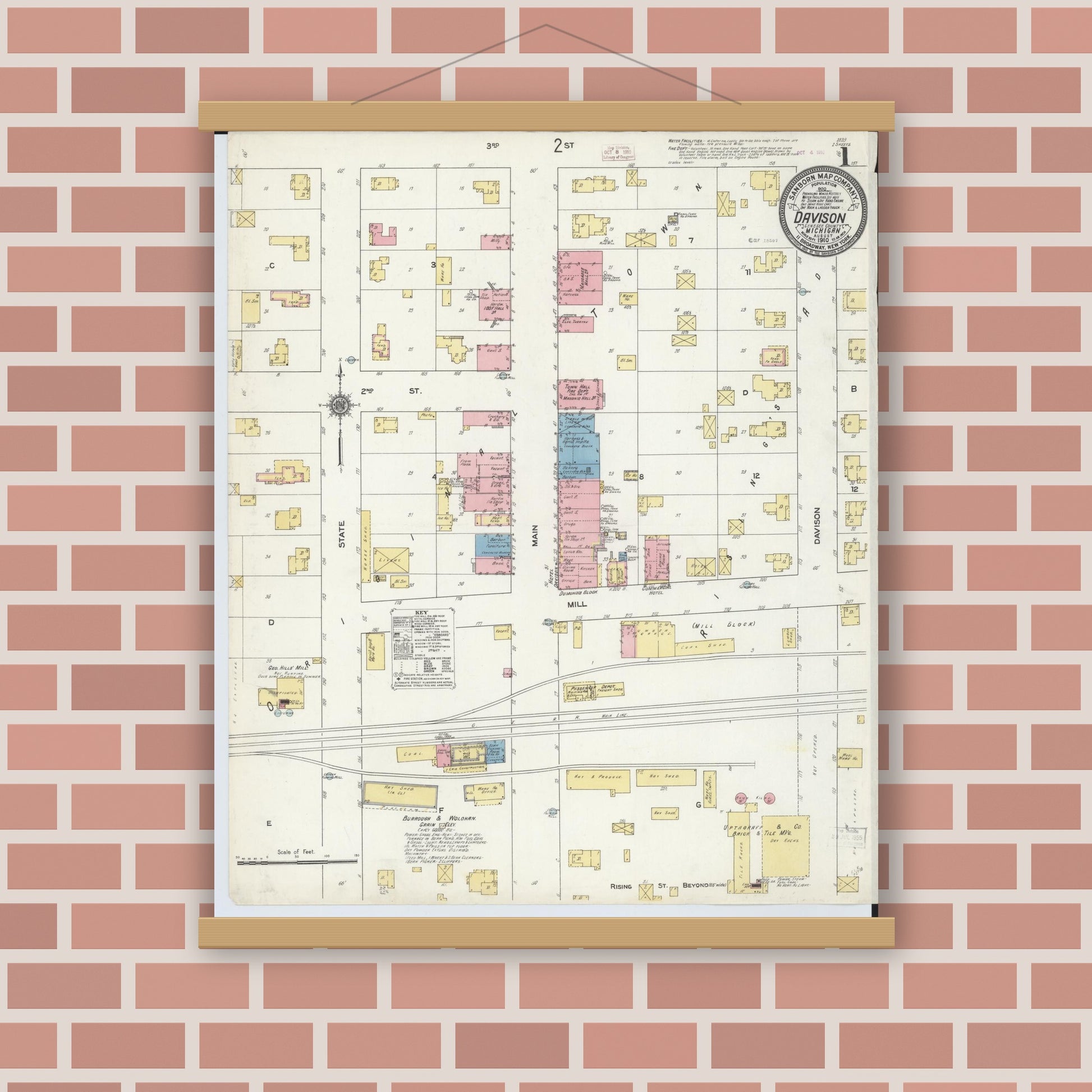 Old map wall art mockup — magnetic wood frame on brick wall — Sanborn Fire Insurance Map from Davison, Genesee County, Michigan (1910) - Complete Map Set