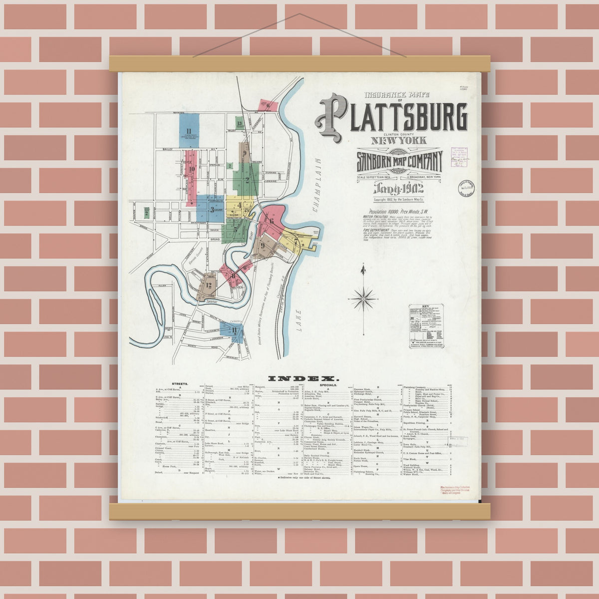 Old map wall art mockup — magnetic wood frame on brick wall — Sanborn Fire Insurance Map from Plattsburg, Clinton County, New York (1902), Sheet #0001