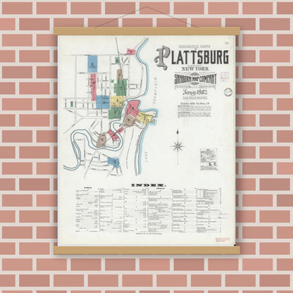Old map wall art mockup — magnetic wood frame on brick wall — Sanborn Fire Insurance Map from Plattsburg, Clinton County, New York (1902), Sheet #0001