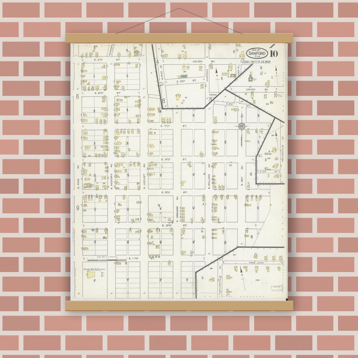 Old map wall art mockup — magnetic wood frame on brick wall — Sanborn Fire Insurance Map from Sanford, Seminole County, Florida (1917), Sheet #0010