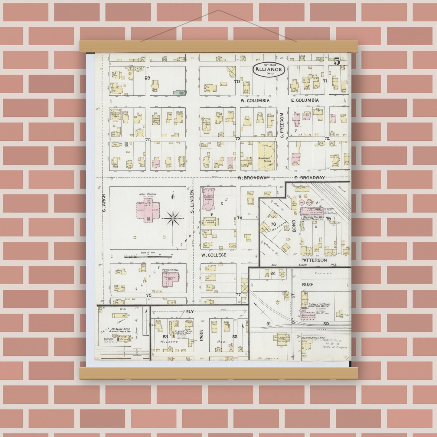Old map wall art mockup — magnetic wood frame on brick wall — Sanborn Fire Insurance Map from Alliance, Stark County, Ohio (1888), Sheet #0005
