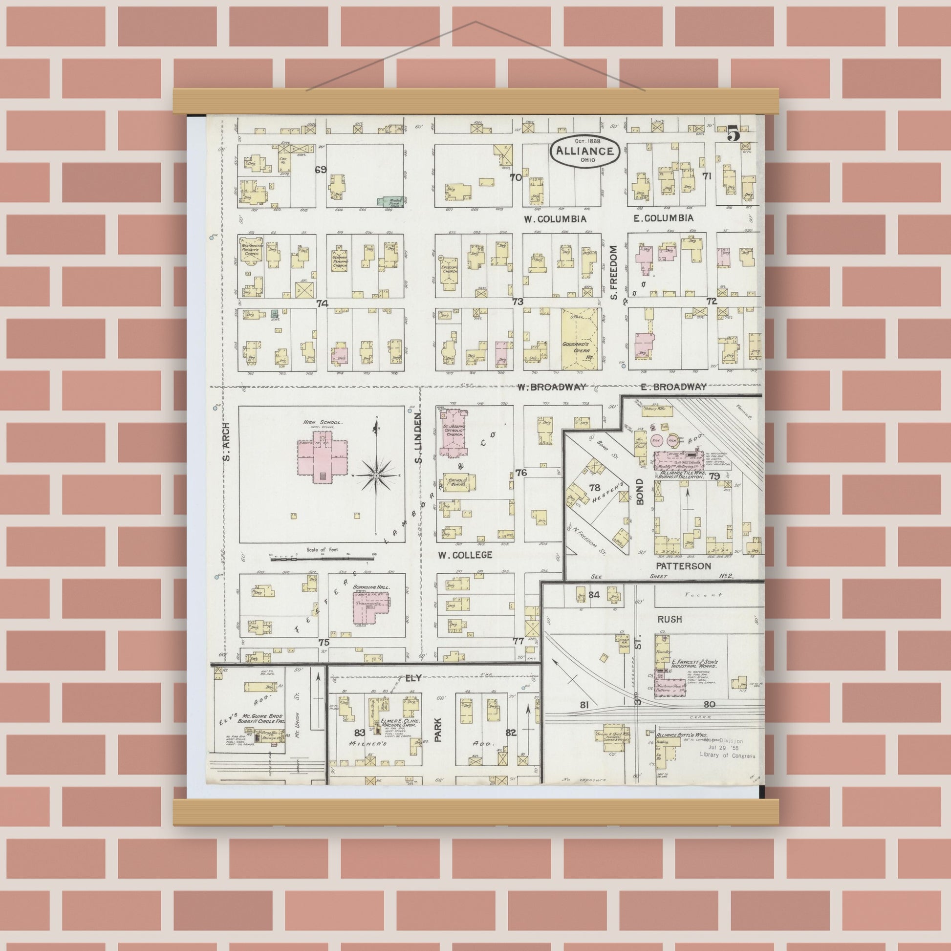 Old map wall art mockup — magnetic wood frame on brick wall — Sanborn Fire Insurance Map from Alliance, Stark County, Ohio (1888), Sheet #0005