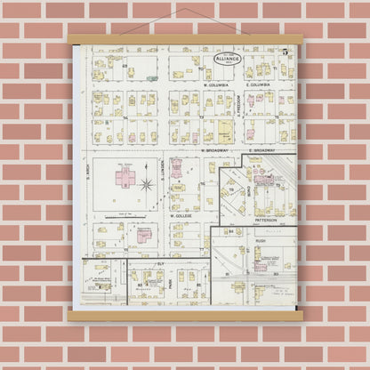 Old map wall art mockup — magnetic wood frame on brick wall — Sanborn Fire Insurance Map from Alliance, Stark County, Ohio (1888), Sheet #0005