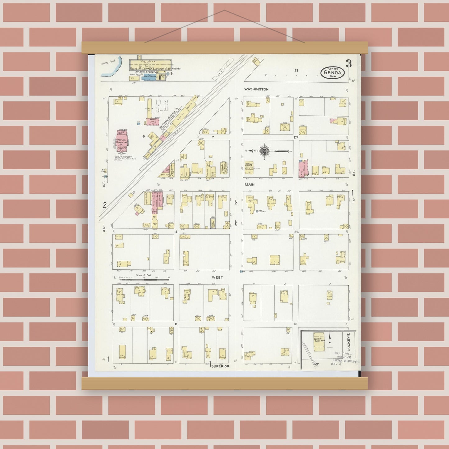Old map wall art mockup — magnetic wood frame on brick wall — Sanborn Fire Insurance Map from Genoa, Ottawa County, Ohio (1910), Sheet #0003