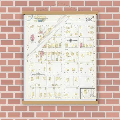 Old map wall art mockup — magnetic wood frame on brick wall — Sanborn Fire Insurance Map from Genoa, Ottawa County, Ohio (1910), Sheet #0003