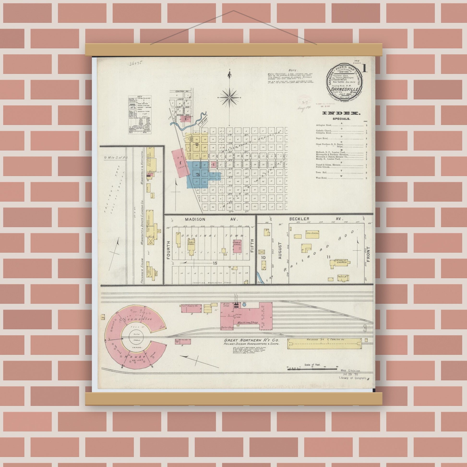 Old map wall art mockup — magnetic wood frame on brick wall — Sanborn Fire Insurance Map from Barnesville, Clay County, Minnesota (1894), Sheet #0001