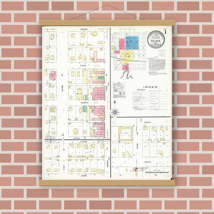 Old map wall art mockup — magnetic wood frame on brick wall — Sanborn Fire Insurance Map from Villisca, Montgomery County, Iowa (1907) â€” Complete Set