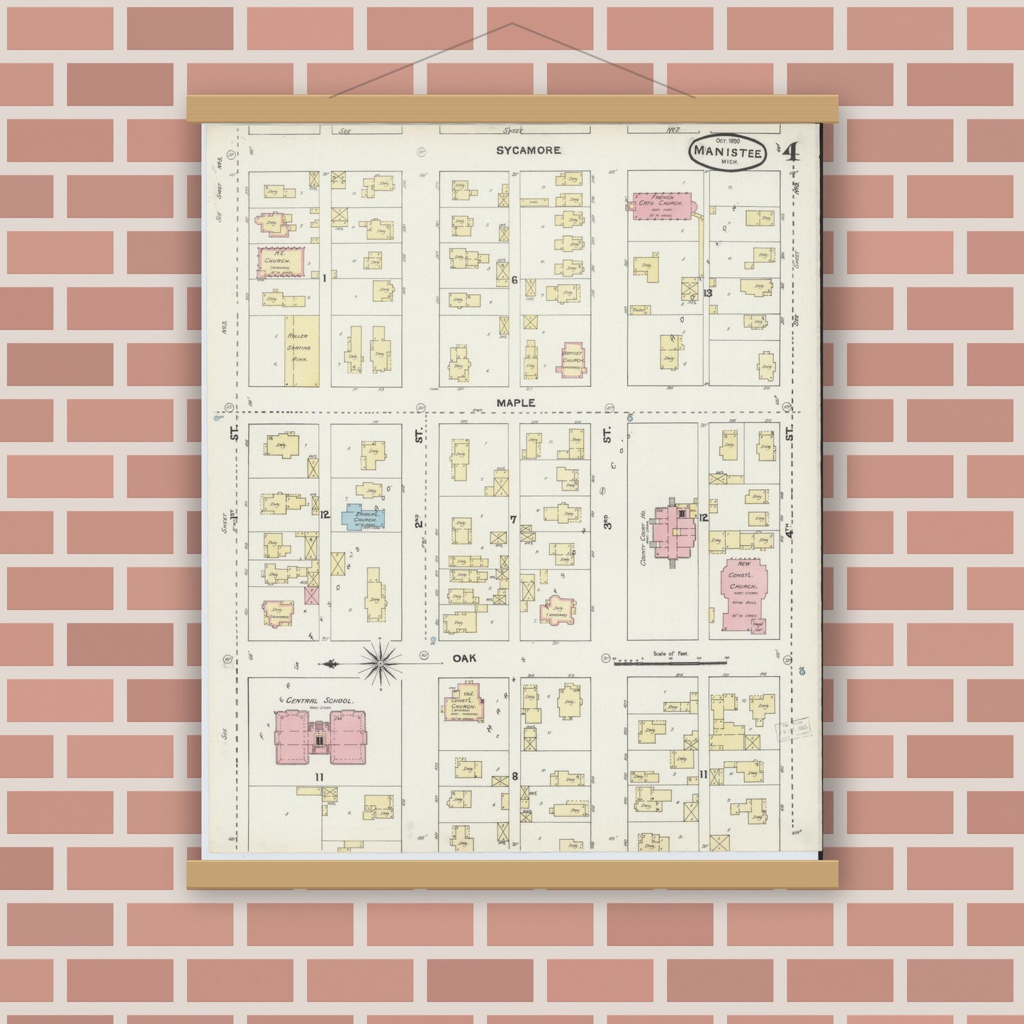 Old map wall art mockup — magnetic wood frame on brick wall — Sanborn Fire Insurance Map from Manistee, Manistee County, Michigan (1890), Sheet #0004