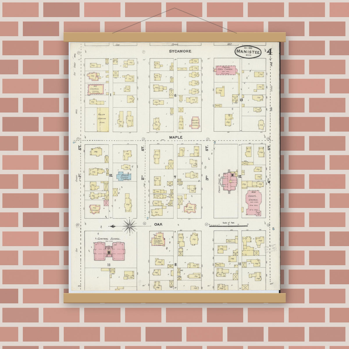 Old map wall art mockup — magnetic wood frame on brick wall — Sanborn Fire Insurance Map from Manistee, Manistee County, Michigan (1890), Sheet #0004