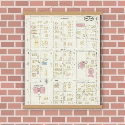Old map wall art mockup — magnetic wood frame on brick wall — Sanborn Fire Insurance Map from Manistee, Manistee County, Michigan (1890), Sheet #0004