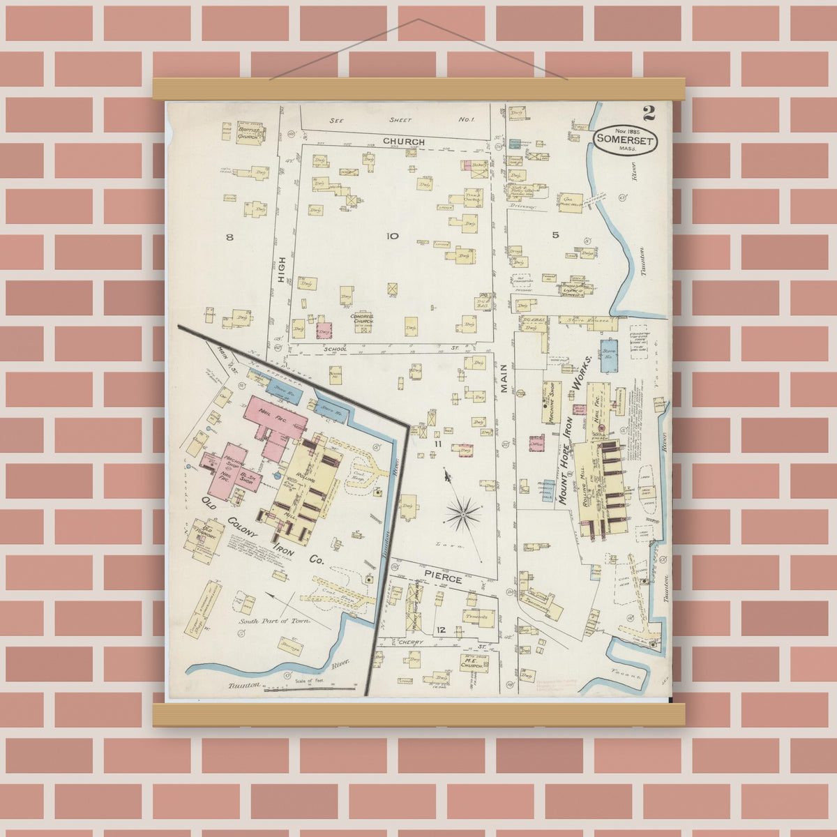 Old map wall art mockup — magnetic wood frame on brick wall — Sanborn Fire Insurance Map from Somerset, Bristol County, Massachusetts (1885), Sheet #0002