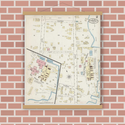 Old map wall art mockup — magnetic wood frame on brick wall — Sanborn Fire Insurance Map from Somerset, Bristol County, Massachusetts (1885), Sheet #0002