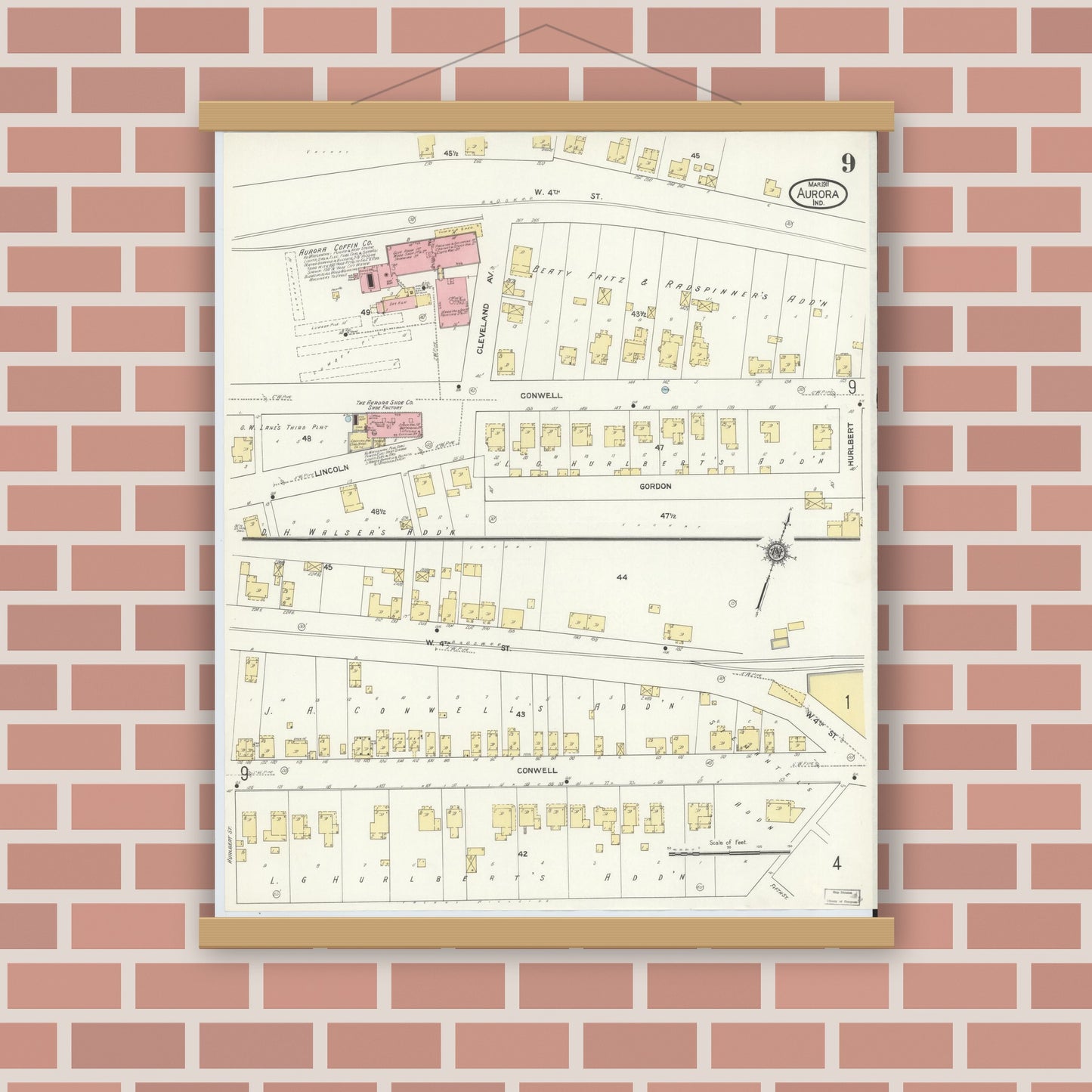 Old map wall art mockup — magnetic wood frame on brick wall — Sanborn Fire Insurance Map from Aurora, Dearborn County, Indiana (1911), Sheet #0009