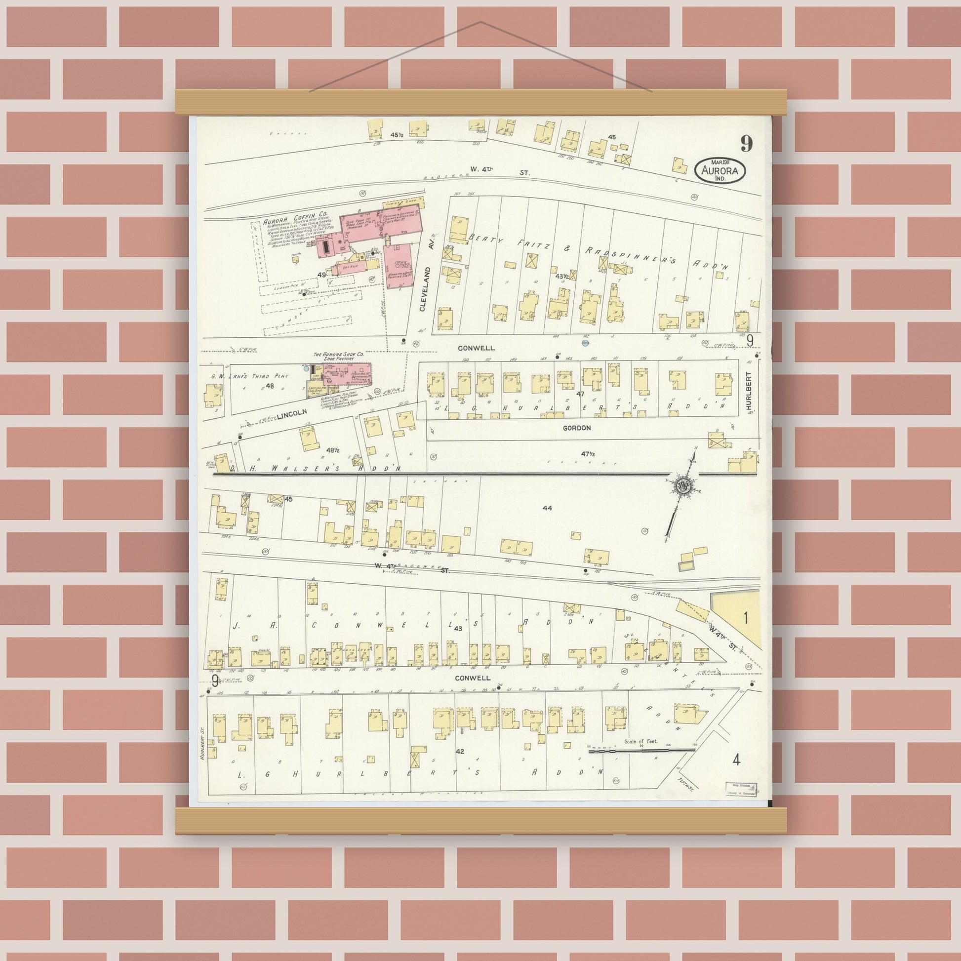 Old map wall art mockup — magnetic wood frame on brick wall — Sanborn Fire Insurance Map from Aurora, Dearborn County, Indiana (1911), Sheet #0009