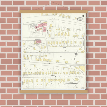 Old map wall art mockup — magnetic wood frame on brick wall — Sanborn Fire Insurance Map from Aurora, Dearborn County, Indiana (1911), Sheet #0009