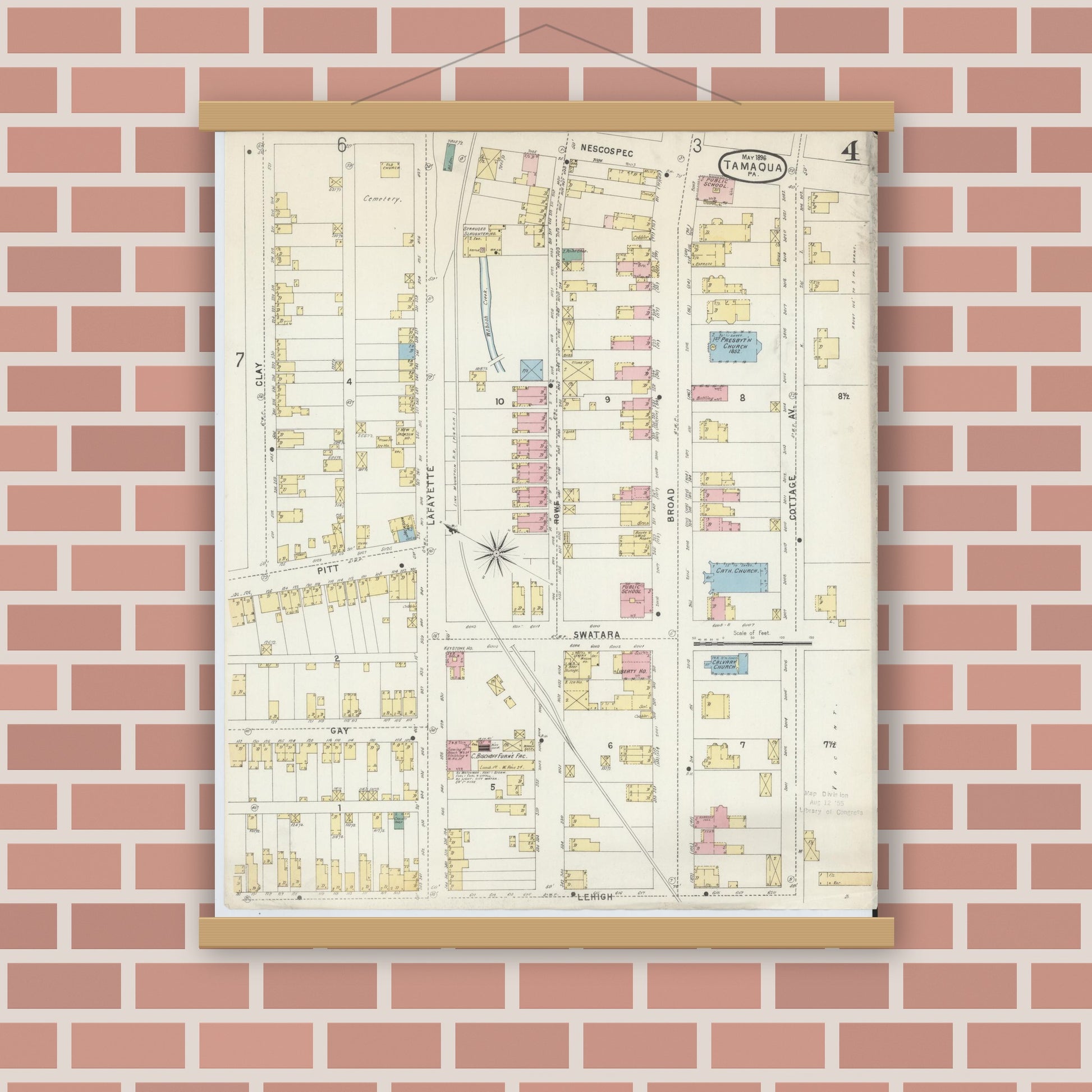 Old map wall art mockup — magnetic wood frame on brick wall — Sanborn Fire Insurance Map from Tamaqua, Schuylkill County, Pennsylvania (1896), Sheet #0004