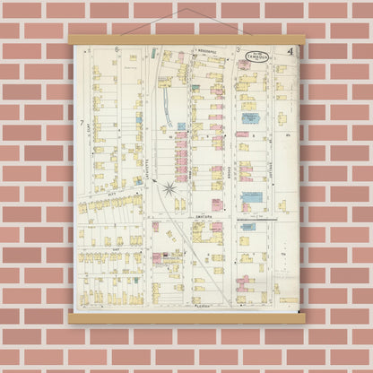 Old map wall art mockup — magnetic wood frame on brick wall — Sanborn Fire Insurance Map from Tamaqua, Schuylkill County, Pennsylvania (1896), Sheet #0004