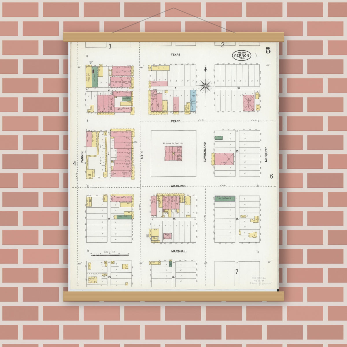 Old map wall art mockup — magnetic wood frame on brick wall — Sanborn Fire Insurance Map from Vernon, Wilbarger County, Texas (1902), Sheet #0005