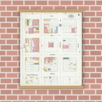Old map wall art mockup — magnetic wood frame on brick wall — Sanborn Fire Insurance Map from Vernon, Wilbarger County, Texas (1902), Sheet #0005
